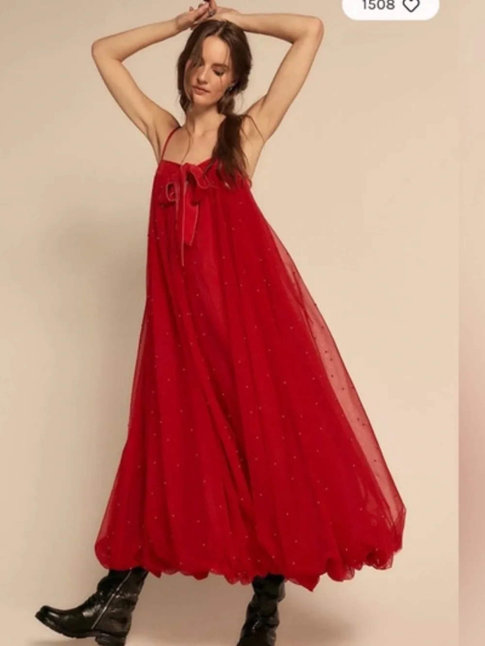 Free People Red Pearl Embellished Spaghetti-Strap Bubble Hem Maxi Dress